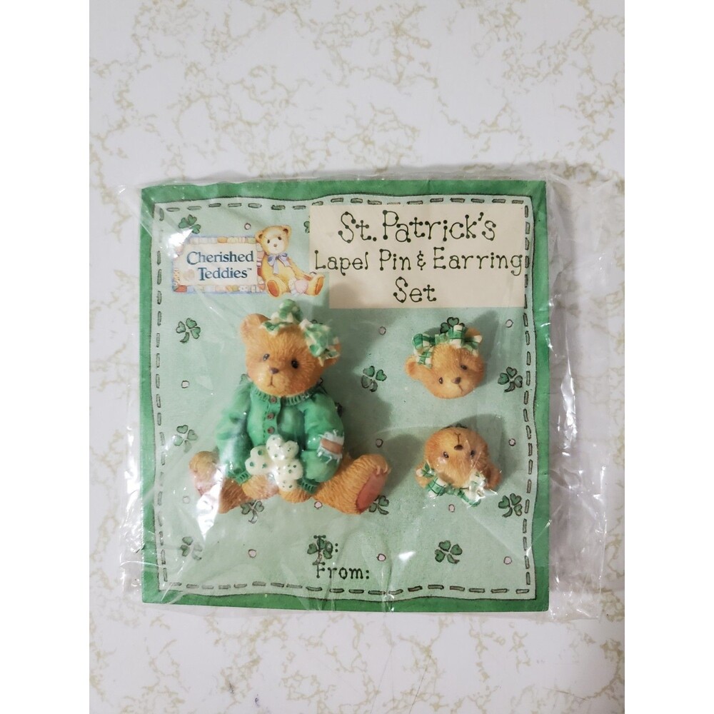 Cherished Teddies Brooch Lapel Pin Bear Earrings Set St Patrick's Day - NWT 1995